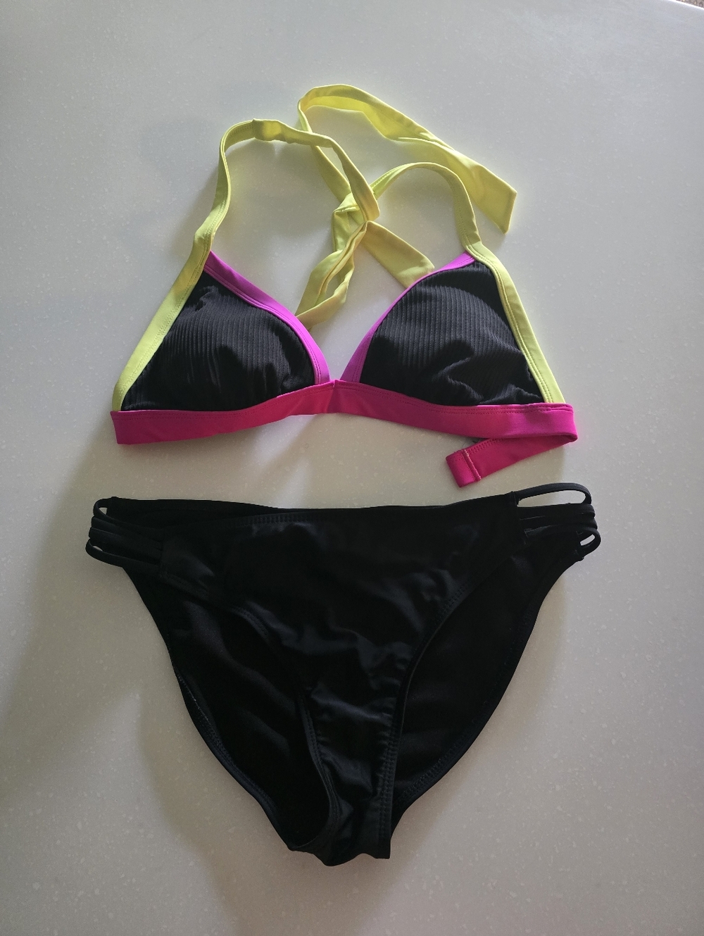 California Waves Black Bikini with Neon Yellow Straps & Pink Trim